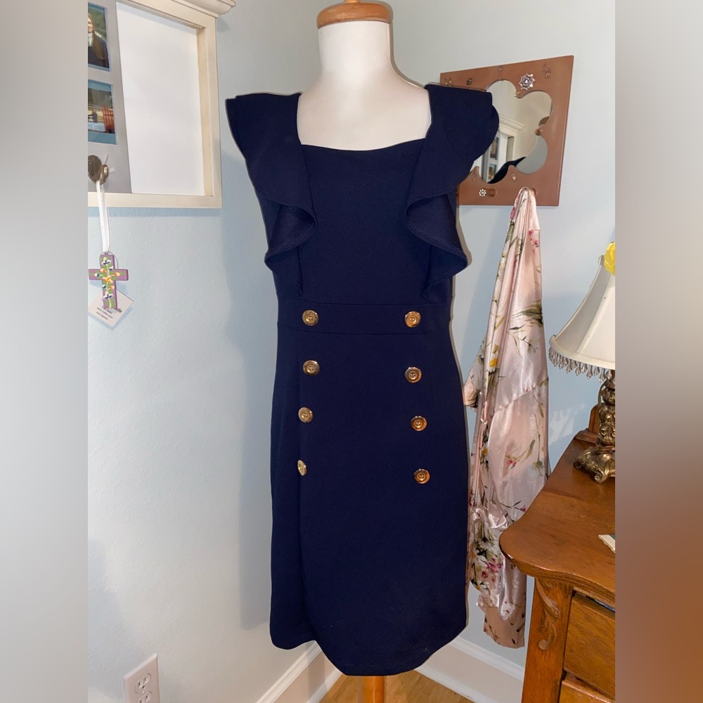 Navy Blue Ruffle Sleeve & Gold Button Dress